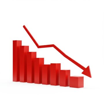 Red bar graph with arrow isolated on white background. use cases: finance, business, economy.
