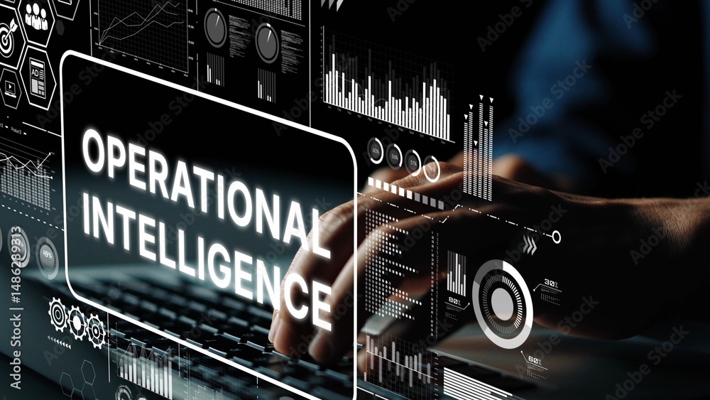 Poster data analysis and operational intelligence concept with digital interface and hands on keyboard in m