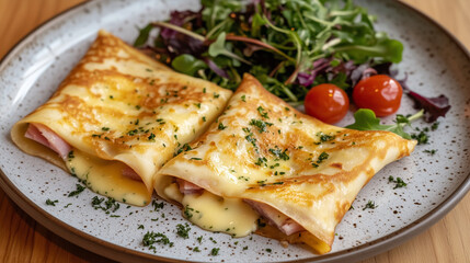 French Ham and Cheese Crepes with Fresh Salad on Rustic Wooden Table