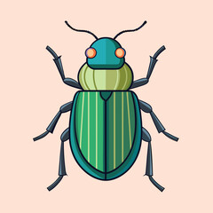 Colorful Cartoon Beetle Illustration with Green Stripes and Orange Eyes against a Peach Background