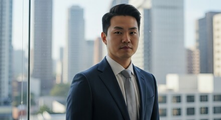 Fototapeta premium Asian businessman in a suit standing in front of a window with a city background, looking serious.