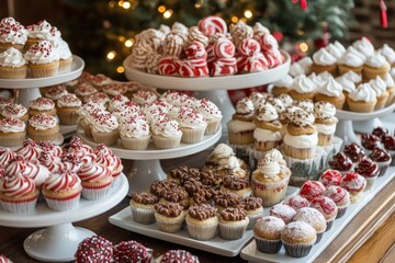 Festive Christmas cupcake & candy display.  A variety of decorated cupcakes and candies arranged on tiered trays, perfect for a holiday celebration