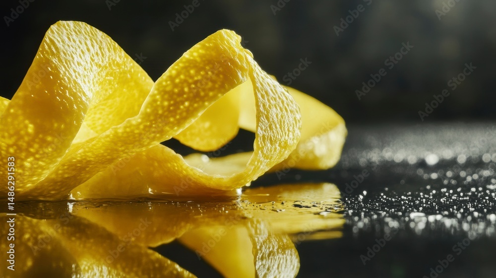 Poster close-up of a lemon peel twist on a dark reflective surface with water droplets.