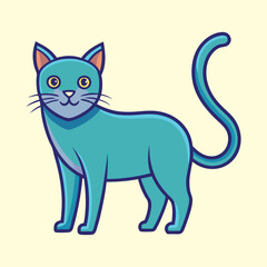 Cartoon Image of a Blue Cat Standing Alert with a Curled Tail
