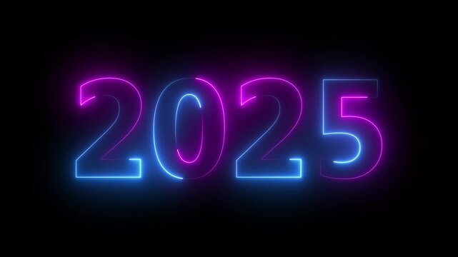 Neon glowing light 2025 year animation on black background. Bright purple blue laser number 2025.perfect for New Year celebrations and future events.