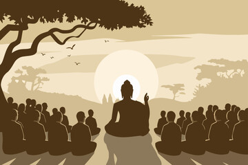 Fototapeta premium Buddha Teaching Disciples at Sunrise – Spiritual Gathering with Meditating Monks and Peaceful Nature Scene