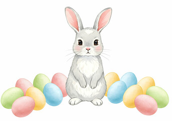 Obraz premium Adorable Easter Bunny with Pastel Eggs Transparent Background Perfect for Spring Holiday Cards and Decorations