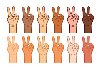 Diverse Hand Gestures Showing Peace Sign – Multicultural Vector Set of Hands with Two Fingers Raised on Transparent Background