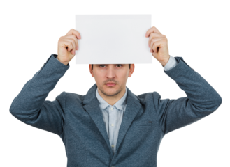 Serious businessman hands up holding a blank paper sheet over his head looking with depressed face to camera, isolated on transparent background