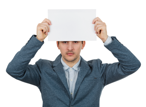 Serious businessman hands up holding a blank paper sheet over his head looking with depressed face to camera, isolated on transparent background