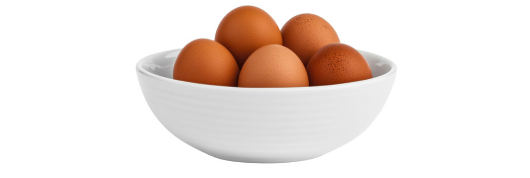 Fresh brown eggs in a white bowl for cooking and baking, isolated on transparent background, png - Powered by Adobe