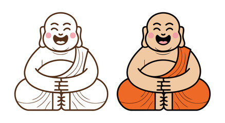 Smiling Laughing Buddha Cartoon – Fat Monk with Orange Robe in Sitting Pose and Hands Folded, Dual Style Illustration