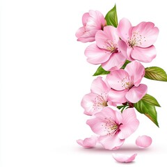 Pink Cherry Blossoms and Green Leaves on White Background
