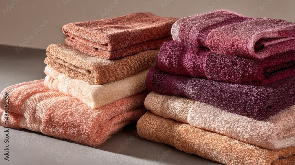 Fototapete a close-up display of stacked plush towels showcases their soft textures and warm shades, creating a