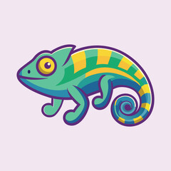A vibrant and colorful cartoon chameleon with a curled tail illustration
