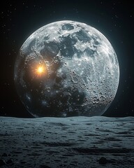 Lunar night concept showing Earth glowing Moons sky casting light Earth Heating the Moon Thermal glow render Concept art Telephoto lens