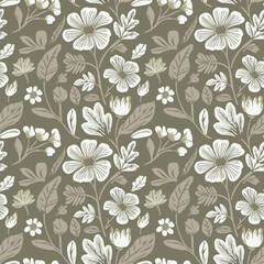 Repeating Floral Pattern With White And Gray Flowers And Leaves On A Muted Green Background. 