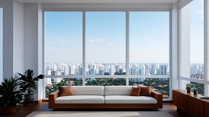 Naklejka premium Modern Living Room Interior with City View, Natural Light, Minimalist Design, and Comfortable Furniture for a Relaxing Atmosphere.