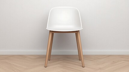 Minimalist Interior Design: A Simple White Chair with Natural Wooden Legs on a Herringbone Floor.