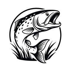 Salmon Fish Leaping Outline in Black and White, Isolated on White Background, Circle