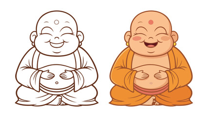 Fototapeta premium Laughing Buddha Cartoon in Sitting Pose – Outline and Colored Versions with Big Belly and Happy Expression on Transparent Background