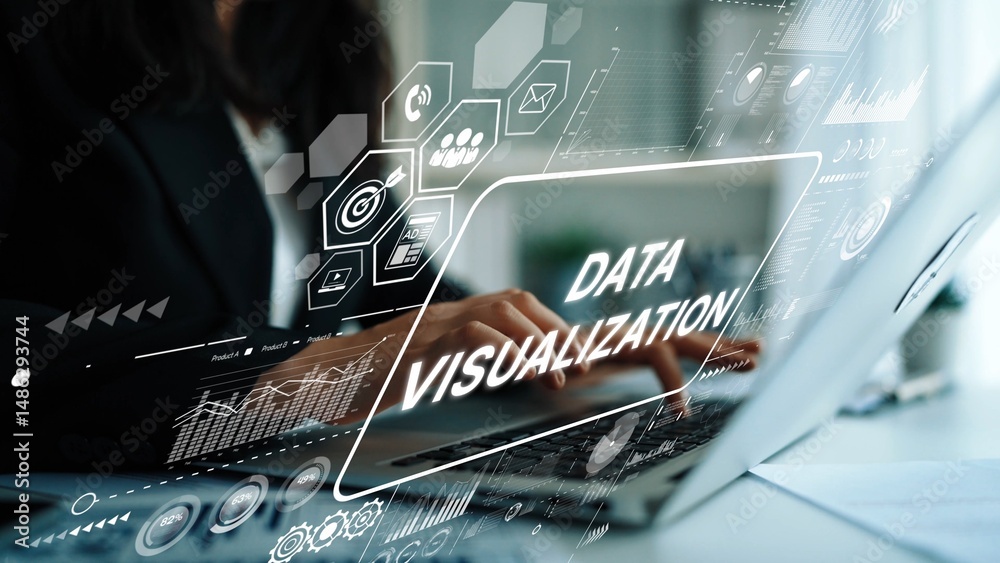 Poster data visualization concept with modern technology and business analytics in professional workspace. 