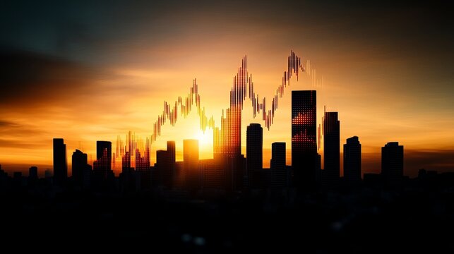 Cityscape silhouetted by a vibrant orange sunset shows overlayed financial chart data indicating a rising market trend. - Powered by Adobe