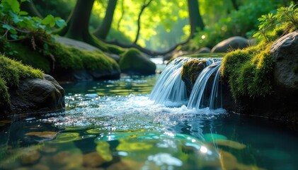 Crystal clear water flowing from a branch in a lush forest , droplet, detail