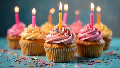 Delicious cupcakes decorated for a birthday celebration Colorful frosting, candles, sprinkles , tasty, whipped cream
