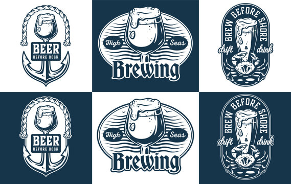 Vintage nautical brewing set featuring overflowing beer glasses, anchor entwined with rope, crab, wavy sea lines, suitable for brewery, pub, seafood restaurant branding, marine craft beer themes.