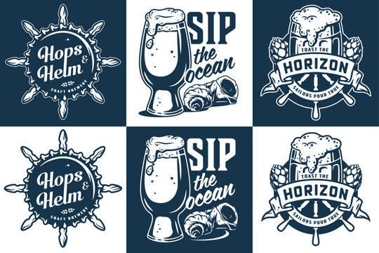 Nautical craft brewery logo set featuring ship helm, beer glass with seashells, overflowing mug, retro elements, maritime motifs, branding slogans for marine themed establishments