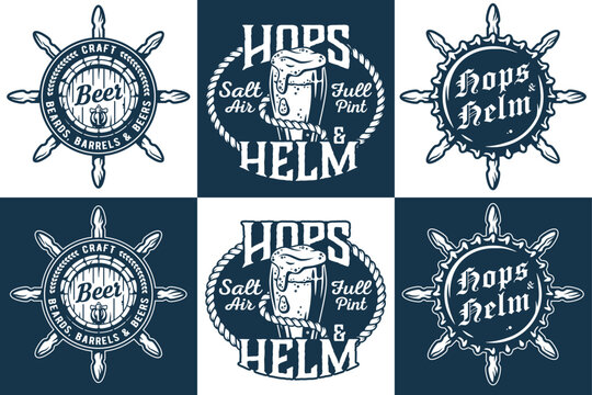 Nautical brewing set with ship helm, beer barrel, pint of beer. Combines maritime elements with craft brewing style. Suitable for brewery logos, pub signs, nautical themed beer brand visuals