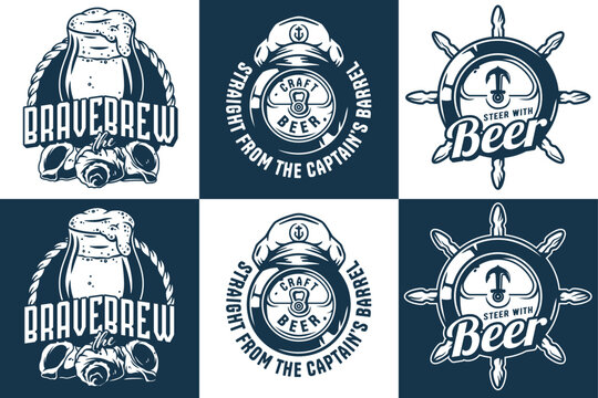 Vintage nautical beer logo collection featuring foaming mugs, beer cans in sailor caps, anchored elements, maritime objects, rustic design, retro brewing theme