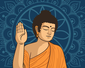 Illustration of Buddha with Raised Hand in Blessing Gesture – Spiritual Meditation Symbol with Mandala Background