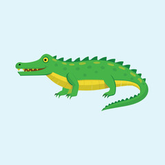 Stylized illustration of a bright green cartoon alligator against a light blue background