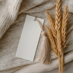 White bookmark on cream fabric with dried wheat flatlay mockup natural soft scene