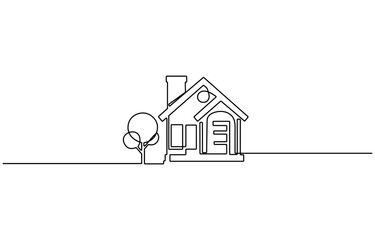 Continuous one line drawing modern building architecture, Continuous thin line home illustration, house one line art icon drawing.