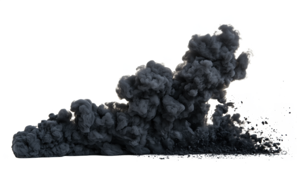 Dramatic black smoke explosion with debris on white background, isolated on transparent background, png