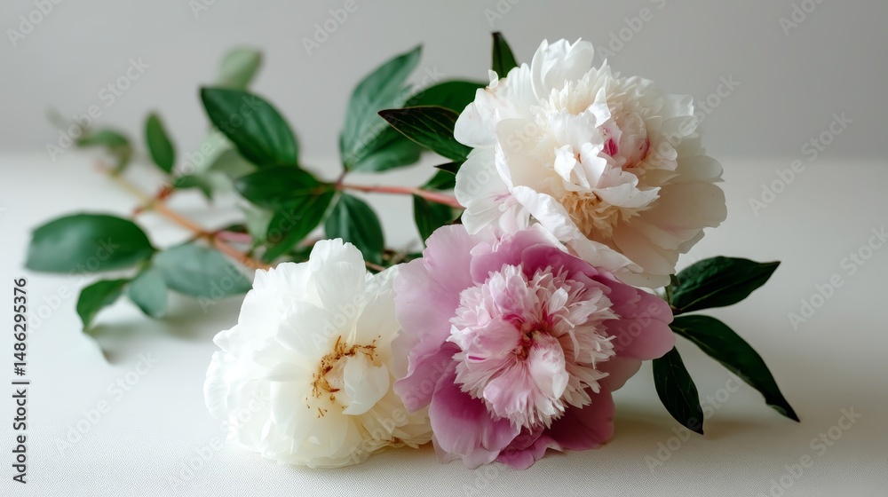 Poster delicate peony flowers in soft pink and white rest atop a clean white surface, creating a serene and