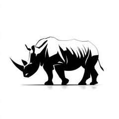 Fototapeta premium A bold silhouette of a rhinoceros, showcasing its powerful form and iconic horn. The stark contrast between light and shadow emphasizes the animal's robust structure.