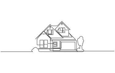 Continuous one line drawing modern building architecture, Continuous thin line home illustration, house one line art icon drawing.