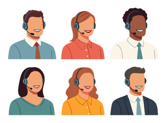 Fototapeta premium Professional Customer Support Avatars – Diverse Male and Female Call Center Agents Wearing Headsets on Transparent Background