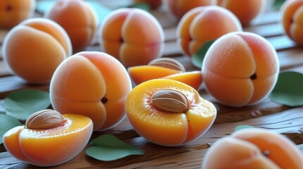 apricots, A close-up of fresh ripe apricots, whole and halved with pits, lying on a wooden table with green leaves
