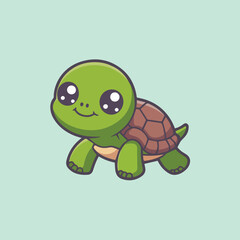 Cute cartoon baby turtle with big eyes and a lime green shell on a mint background. Kawaii-style, simple lines, perfect for kids, stickers, and digital products.
