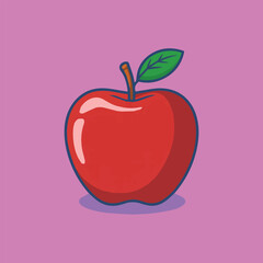 Glossy red apple with green leaf and orange stem on a pink background. Minimalist vector style with blue outline and soft shadow. Perfect for icons, prints, decor.
