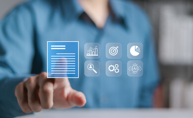 ERP, Enterprise Resource Planning and document management concept. Person touching document management icon on virtual screen.