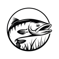 Monochrome Fish in Circular with Grassy Bottom, Minimalist Black and White Art