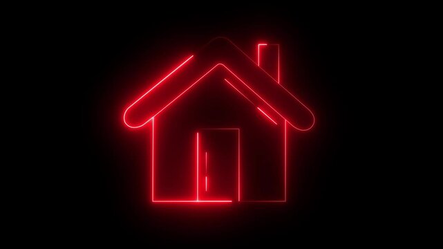 neon red color home icon animation icon property house animated. house in the night glowing neon sign. house building property apartment animated. illuminated on black background.