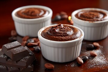 Chocolate dessert served in ramekins on a table with cocoa beans and dark chocolate