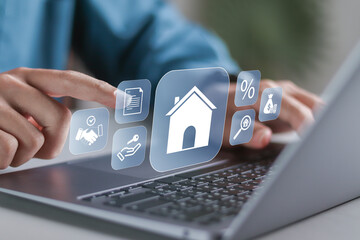 Real estate investment concept. Interest rate, Investment planning, business real estate. Person using laptop to analyzing mortgage loan home and insurance real property mortgage.